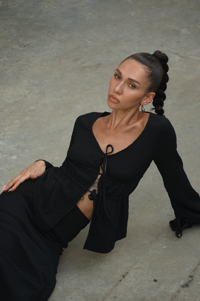 Soft, high-quality black fabric of the Paradise Found Maxi Skirt Set, offering comfort and breathability